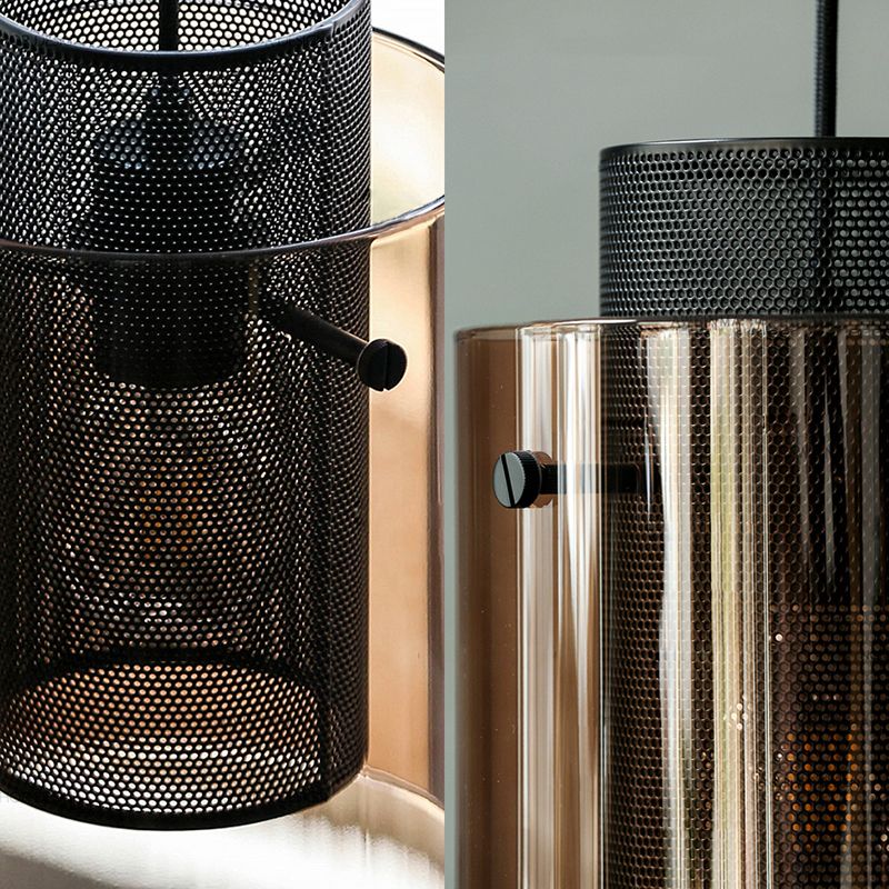 Amber Cylinder Pendant Lamp with Hollow Mesh Screen 1 Bulb Modern Hanging Light for Kitchen
