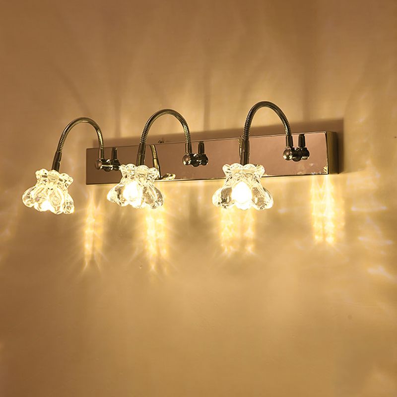Petal Clear Glass Vanity Light Fixture Modern Stylish 3 Lights Silver Finish Wall Lighting with Gooseneck Arm