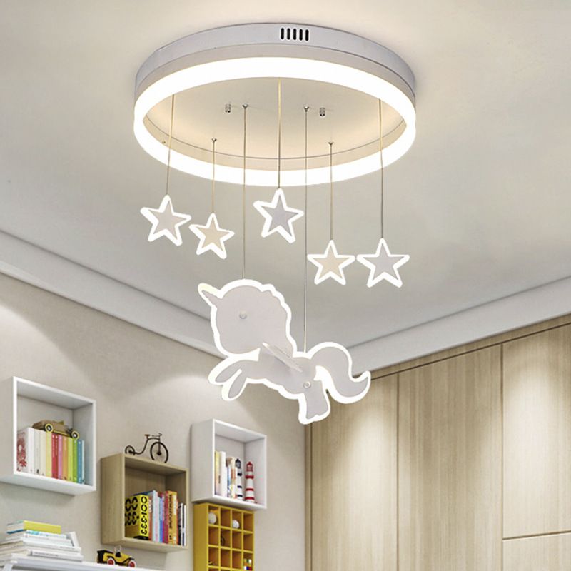 Circular Acrylic Ceiling Mount Lamp Cartoon White LED Flush Mount Lighting Fixture with Star and Unicorn Drape