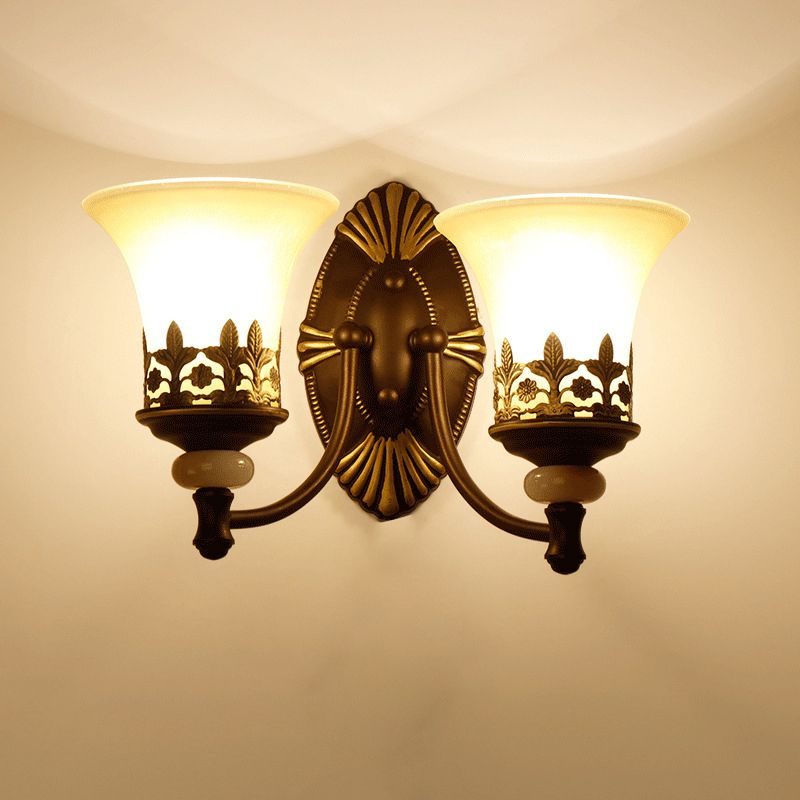 Flared Shade Beige Glass Wall Mount Light Retro Living Room Wall Lighting with Filigree in Dark Brown