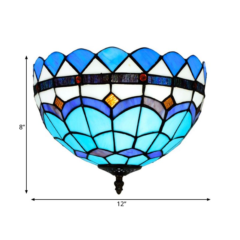 Blue 2/3 Bulbs Ceiling Mount Light Fixture Mediterranean Hand Rolled Art Glass Bowl Flush Mount Lighting, 12"/16" W