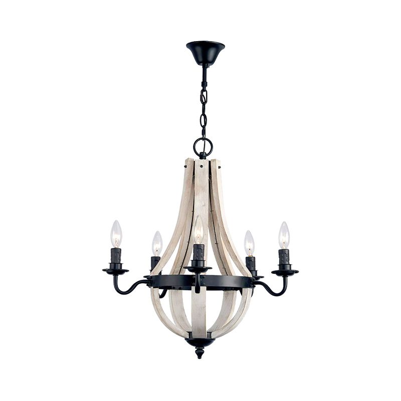 Wood Empire Chandelier Lamp Traditional 5 Lights Dining Room Ceiling Lamp with Black Arm
