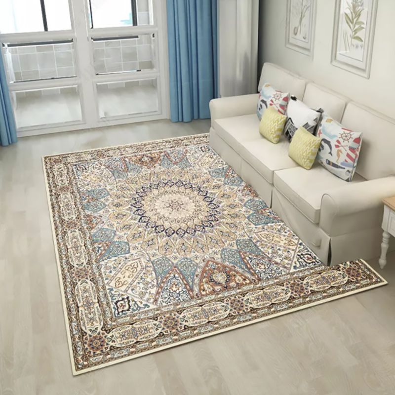 Brown Bedroom Rug Moroccan Medallion Pattern Area Rug Polyester Anti-Slip Machine Washable Carpet