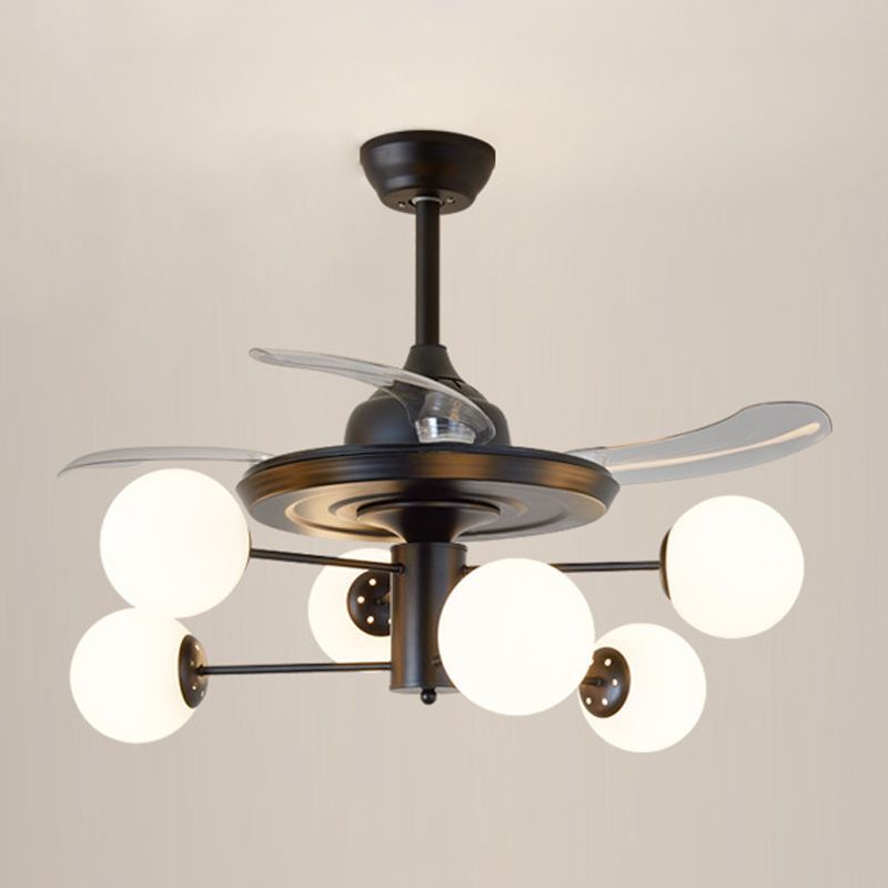 Schwarzstufte Semi -Mount -Beleuchtung ländliche 6 Lampen Opal Ballglas Deckenventilator mit 3 klaren Klingen, 29,5 "breit