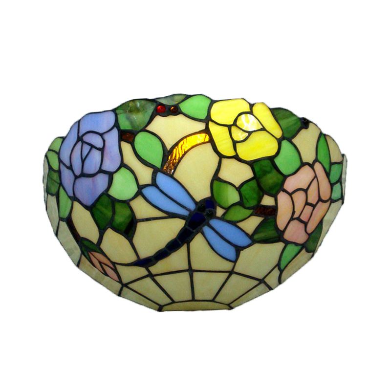 Colorful Bowl Wall Light with Flower and Butterfly Rustic Tiffany Stained Glass Wall Sconce for Balcony