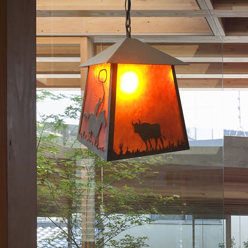 Country Trapezoid Hanging Ceiling Light 1 Light Metal Pendant Lighting in Rust with Animals Pattern