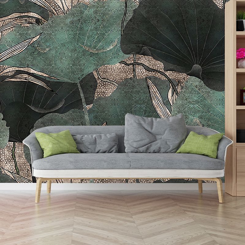 Big Asia Inspired Wall Mural in Green Lotus Leaves Wall Art, Custom Size Available