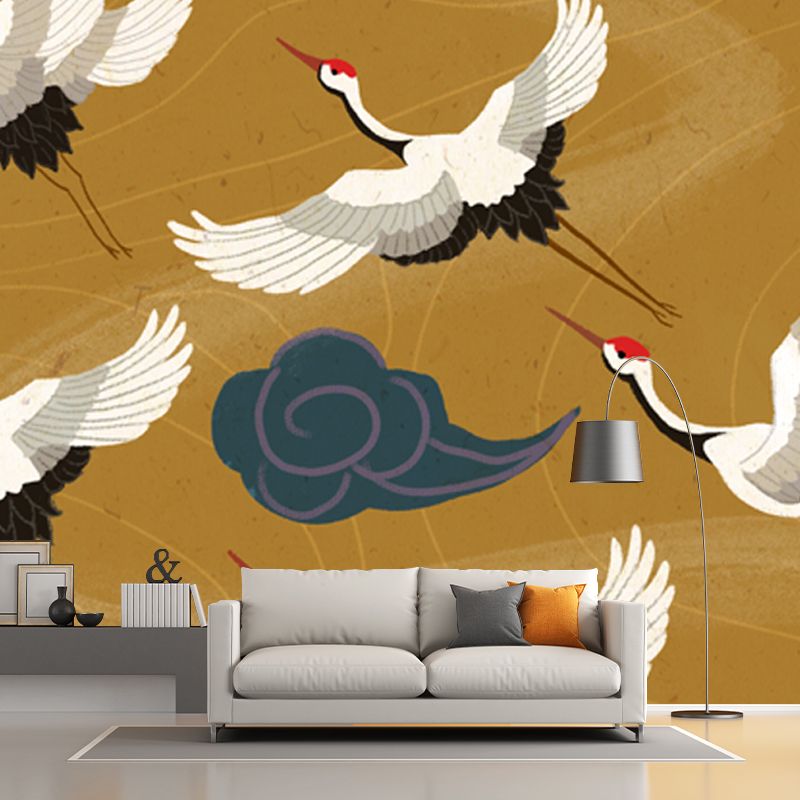 Oriental Flying Cranes Wall Mural in White on Yellow Waterproofing Wall Covering for Home
