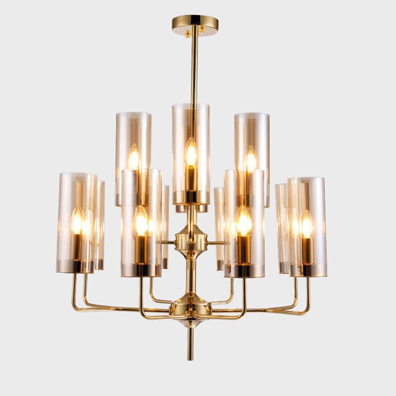 Post-Modern Metal Hanging Chandelier Light Cylindrical Glass Shade  Ceiling Chandelier in Gold for Living Room