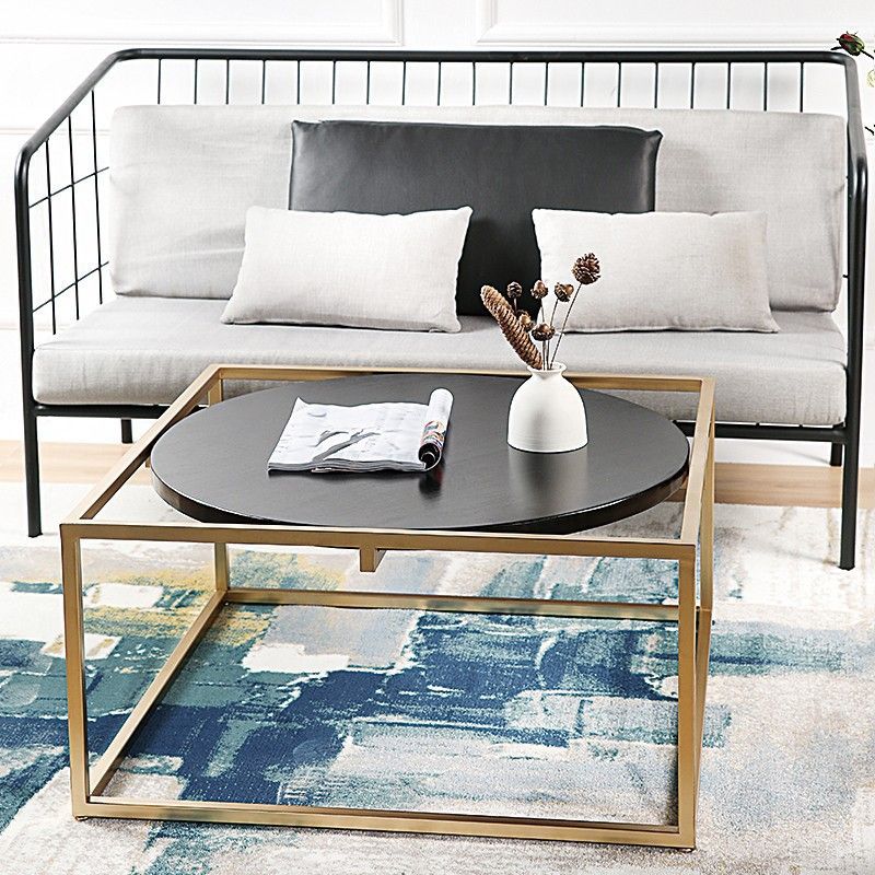 Metal Frame Base Coffee Table Round Wood Cocktail Table in Gold