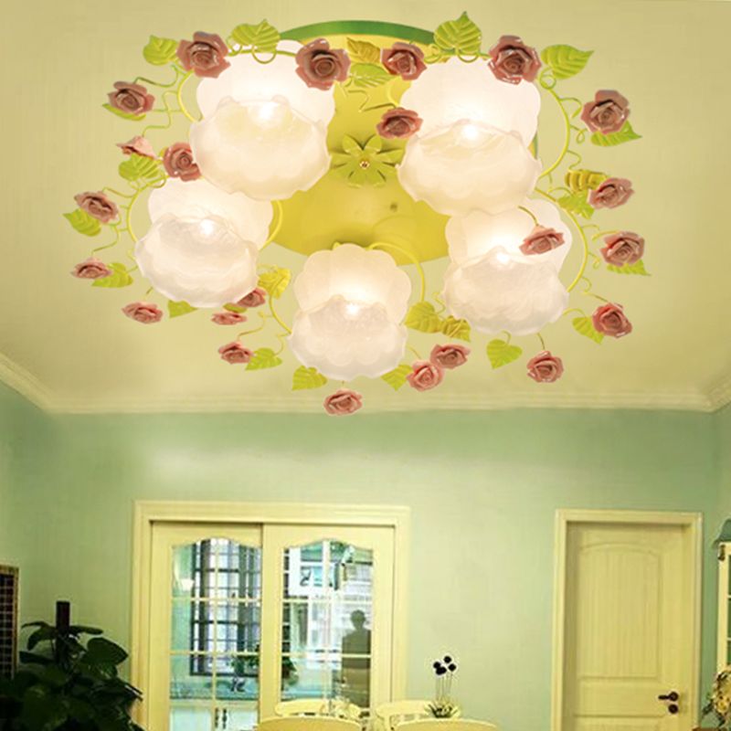 Floral White Glass Ceiling Mounted Fixture Traditional 3/5 Bulbs Living Room Flush Mount Lamp in Pink/Green