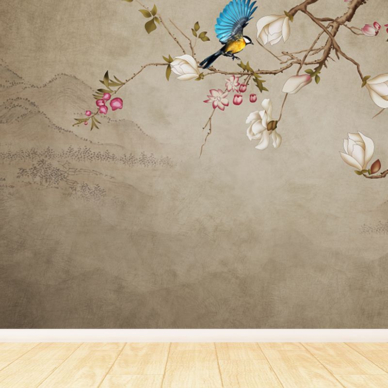 Personalized Illustration Chinese Mural Wallpaper with Magpie and Flower Pattern, Brown