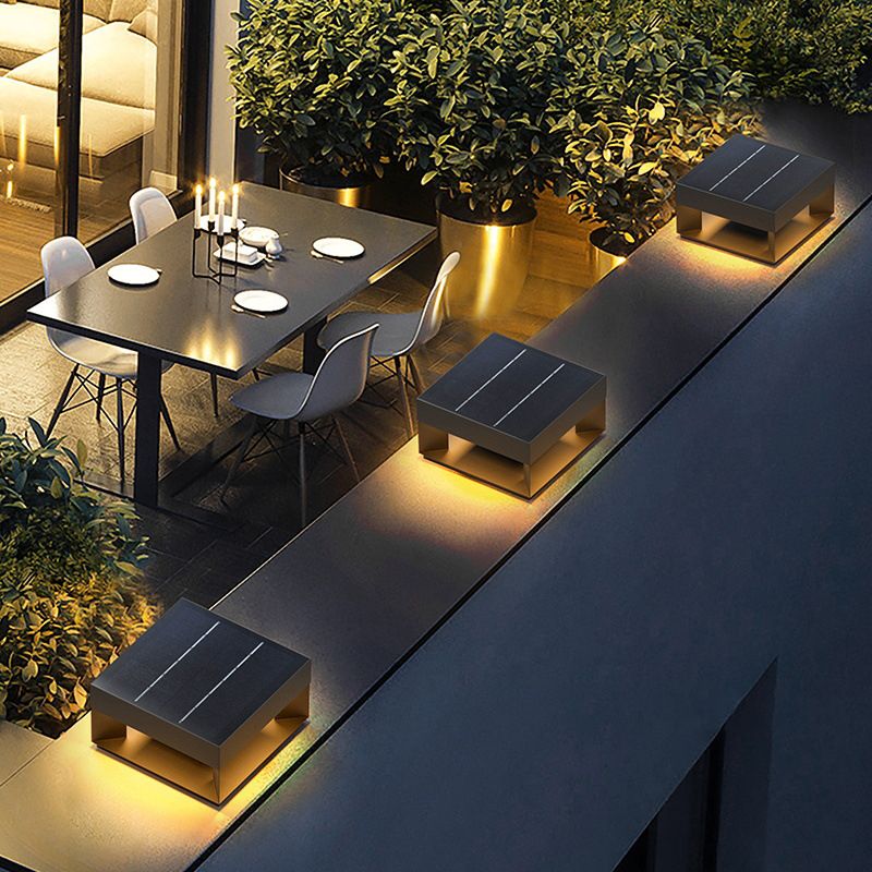 Contemporary Metal Pillar Lamp Square Shape Outdoor Waterproof Light in Black