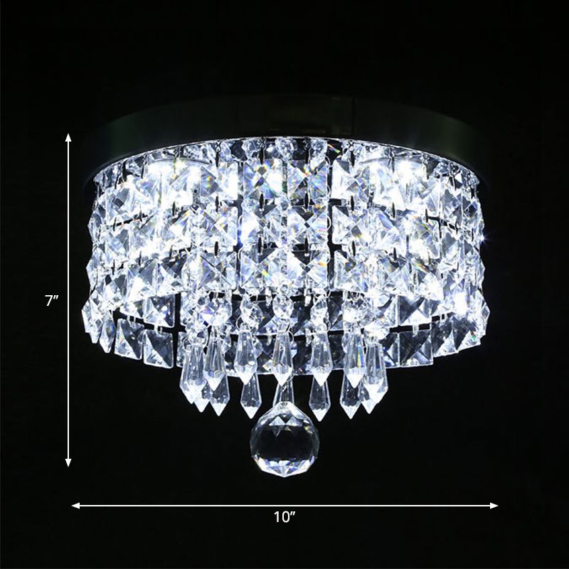 Drum Layered Flush Mount Light Crystal Glam Ceiling Light Fixture in Chrome
