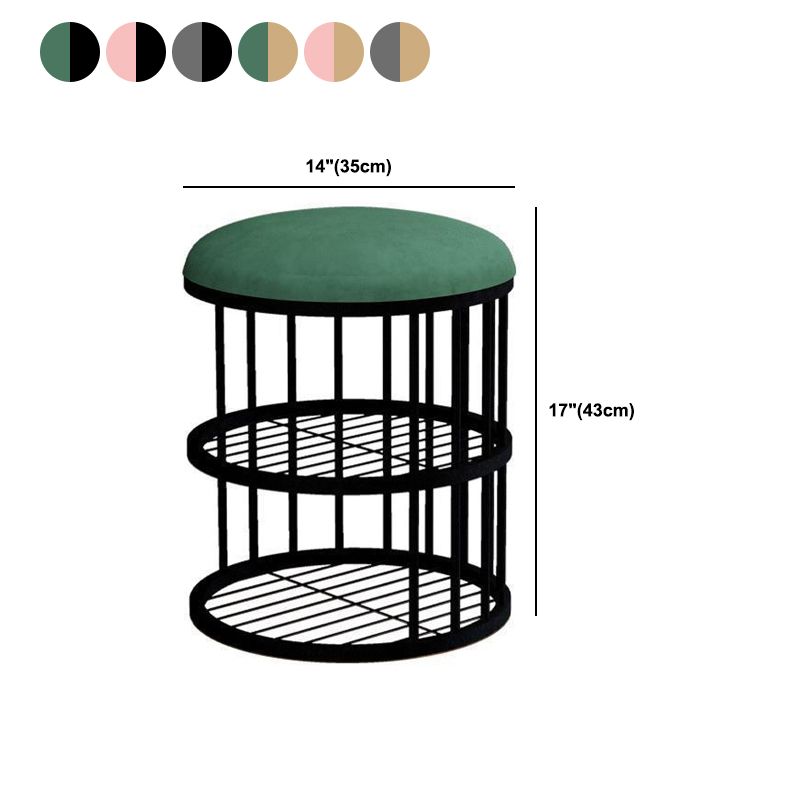 Industrial Cylinder Shape Ottoman Plain Velvet Metal Frame Shelved Storage Pouf