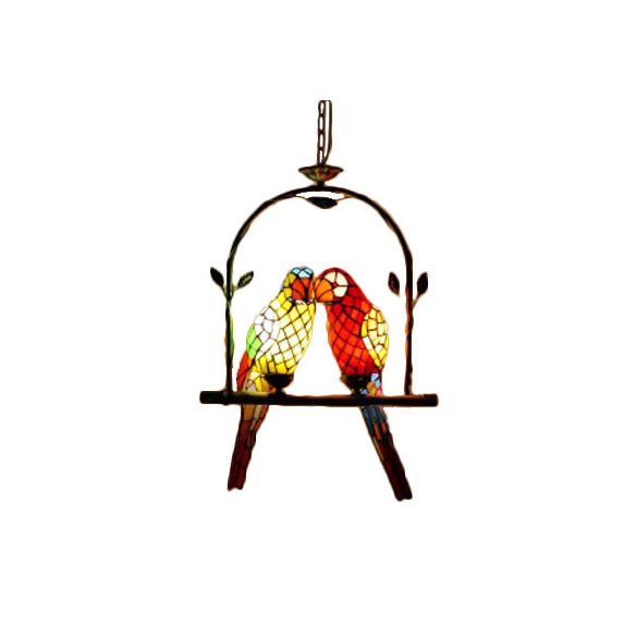 Lampada a ciondolo in vetro inossidabile per pappagallo Tiffany Stylish 2 luci rosso/rosso e giallo a soffitto con altalena