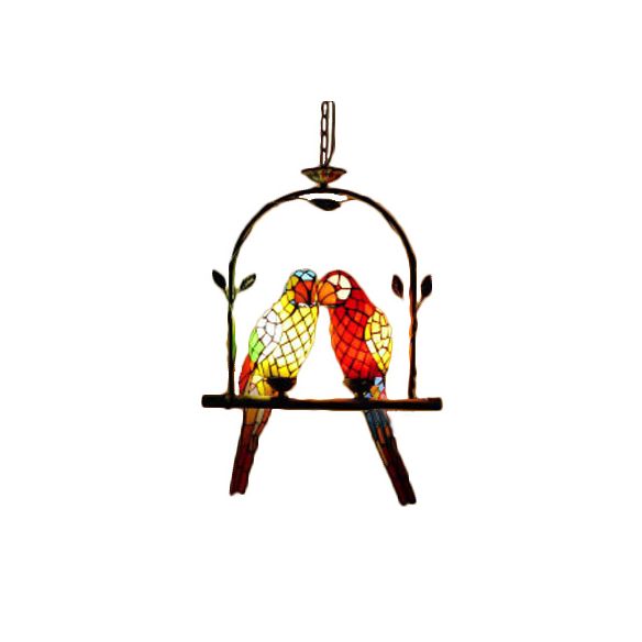 Parrot Stainless Glass Pendant Lamp Tiffany Stylish 2 Lights Red/Red and Yellow Hanging Ceiling Light with Perch Swing