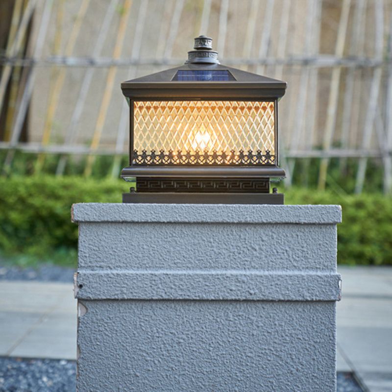 Metal Rectangular Shape Outdoor Lights Modern Style 1 Light Solar Pillar Lamp in Bronze