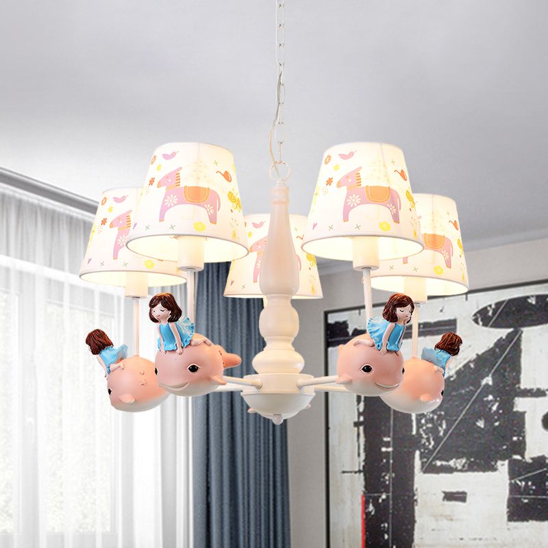 Barrel Hanging Chandelier Cartoon Fabric 5-Head White Finish Radial Pendant Light Kit with Carousel/Fish and Girl Deco