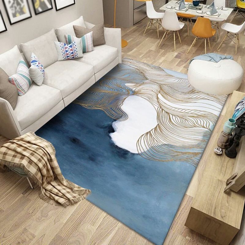 Blue Tone Modern Indoor Rug Polyester Expressionism Print Carpet Easy Care Rug for Home Decoration