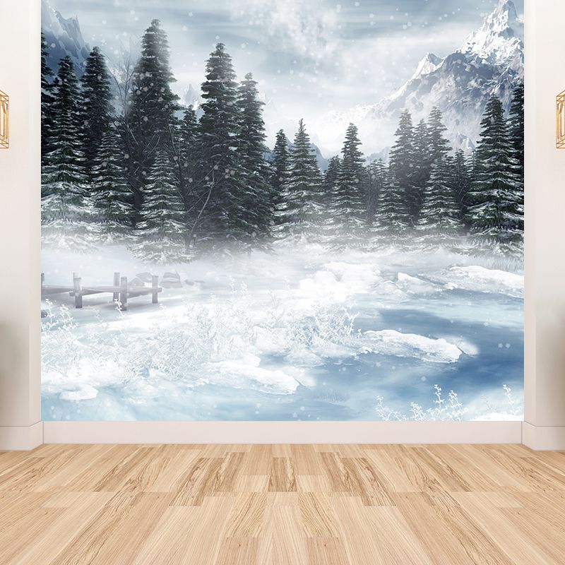 Large Frozen Lake Mural Wallpaper Modern Luxuriant Botanical Wall Decor in White