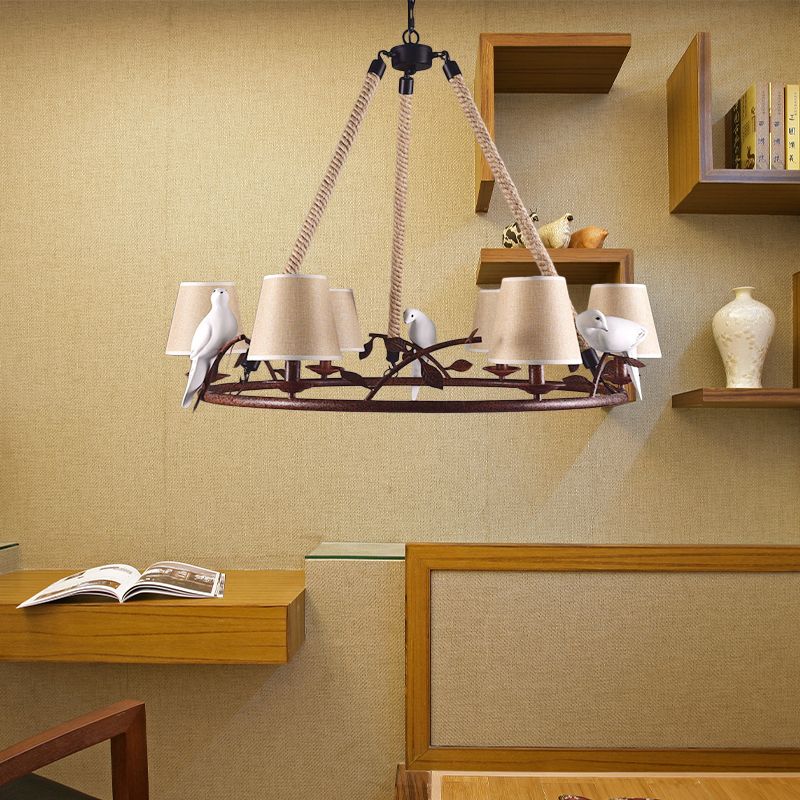 Wheel Metal Chandelier Lighting Vintage 6 Lights Dining Room Pendant Lighting in Rust with Tapered Fabric Shade