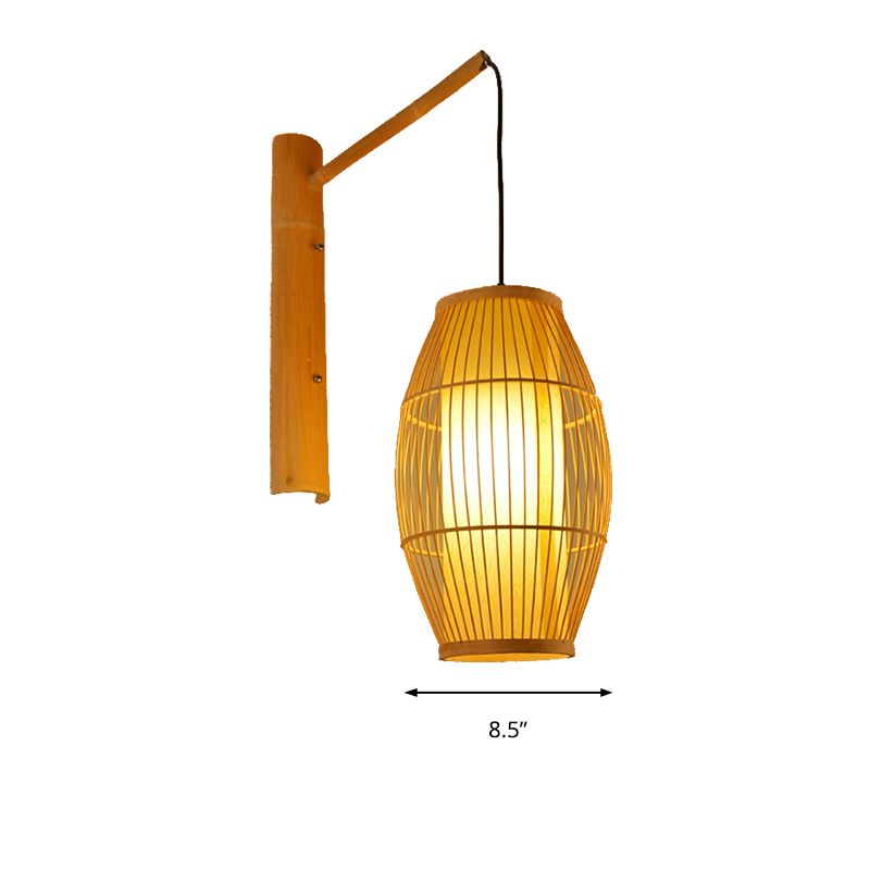 Asian Style Oblong Hanging Wall Light Bamboo 1 Bulb Bedroom Sconce Light Fixture in Beige