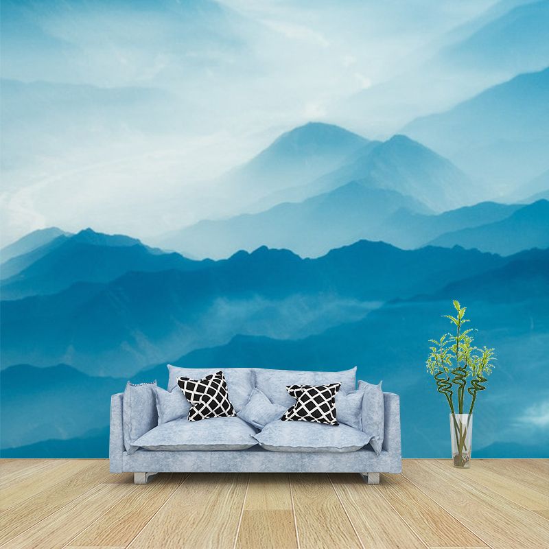Modern Landscape Wallpaper Mural Blue Smoggy Mountain with Curved River Wall Art