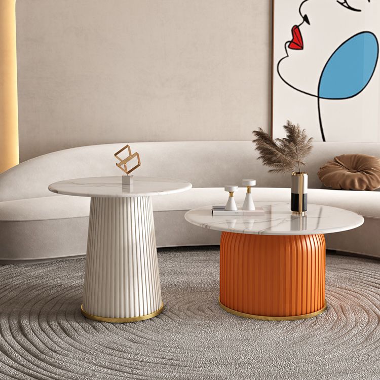 White Pedestal Round Glam Metal Coffee Cocktail Table with Slate Top