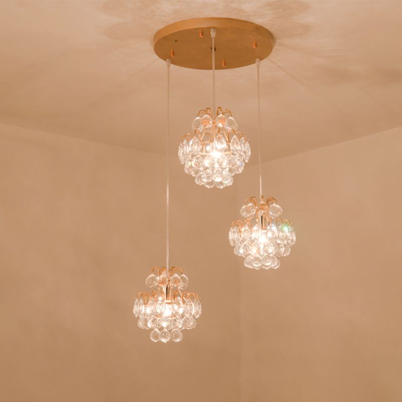 Round/Linear Canopy Dinning Hall Multi Ceiling Lamp Modern Metal 3 Bulbs Black/Gold Hanging Pendant with Clear Crystal Balls