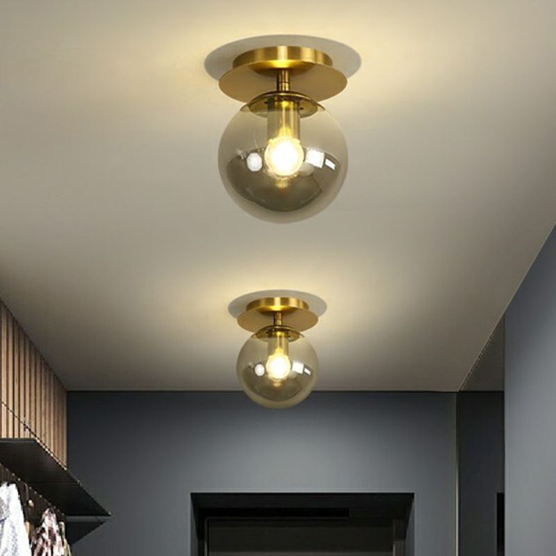 Ball Foyer Semi Flush Mount Lighting Glas 1-Light Postmodern Ceiling Light in Brass