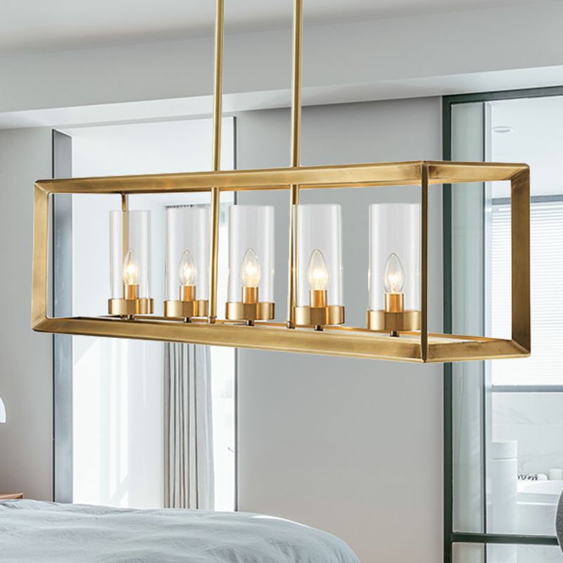 Classic Rectangle Hanging Pendant Light 3/4/5 Lights Clear Glass Island Lighting in Gold for Dining Room