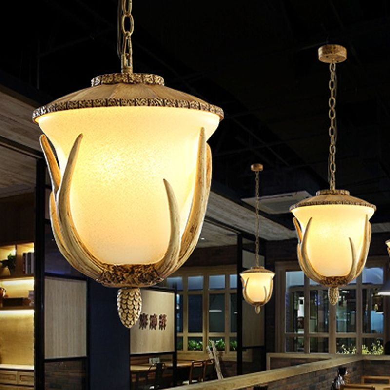 3 Lights Resin Hanging Lamp Country White Cup Shaped Restaurant Cluster Pendant with Elk Pattern