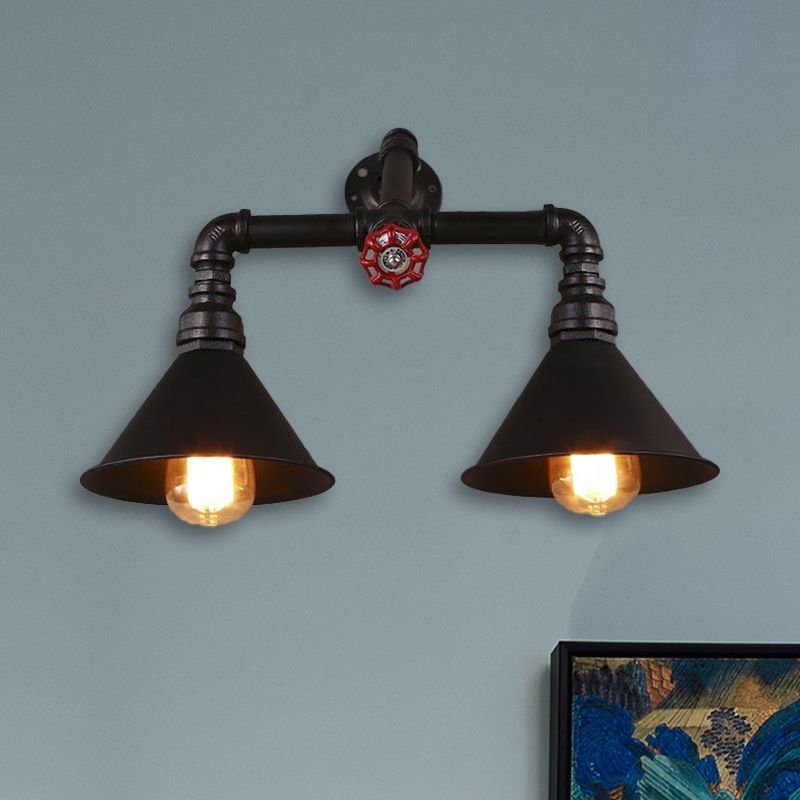 Vintage -Style -Kegelwandlampe mit Wasserrohr 2 Lichter Metallische Wandleuchte in Schwarz, 14,5/18,5 "Breite