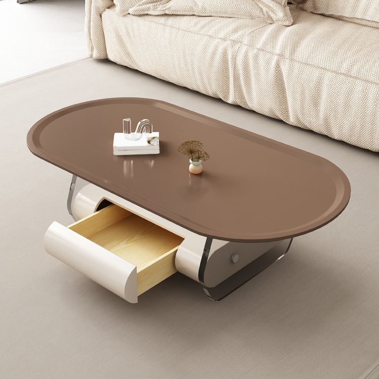 Brown Elliptical Coffee Table 15.7" H 1-Shelf & 1-Drawer Cocktail Table with Acrylic Legs