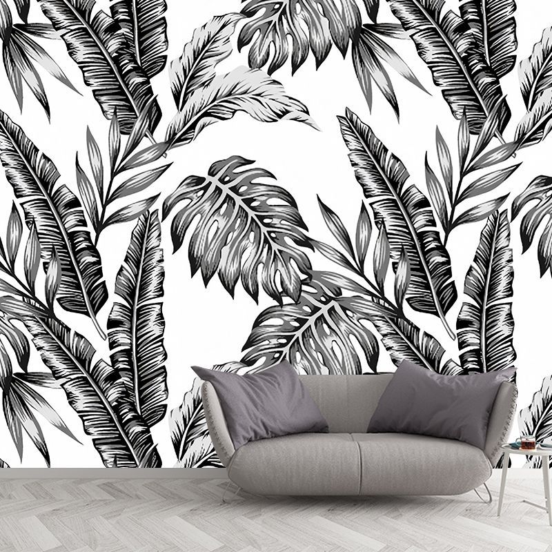 Full Size Minimalist Wall Decor in Black and White Tropical Leaves Mural Wallpaper, Made to Measure