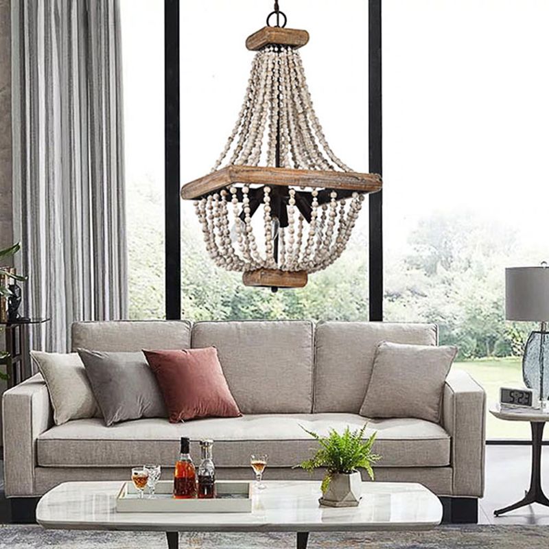 Empire Shape Living Room Chandelier Traditional Wooden Strand 4 Lights Dark Wood Hanging Lamp
