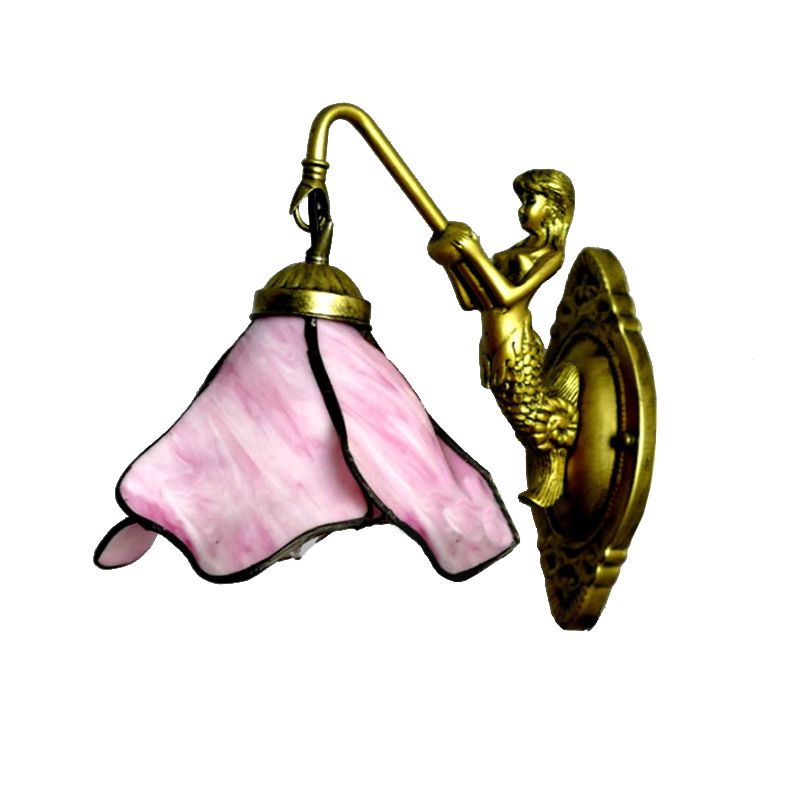 1 Head Petal Wall Mount Lighting Tiffany Blue/Clear/Pink Glass Sconce Light Fixture with Mermaid Backplate