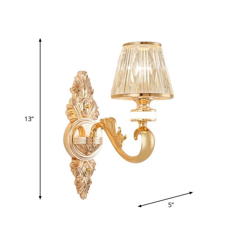 1/2-Head Wall Sconce Modern Bedside Wall Light Fixture with Cone Crystal Shade in Gold