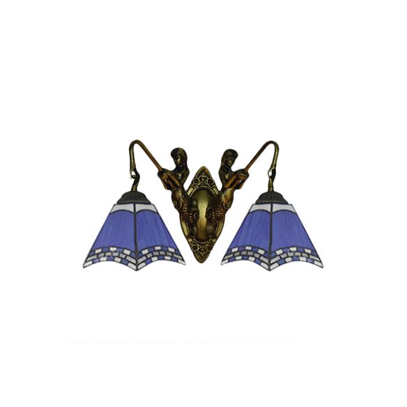 Pyramid Blue Glass Sconce Lighting Mediterranean 2 Head Antique Bronze Wall Mount Light