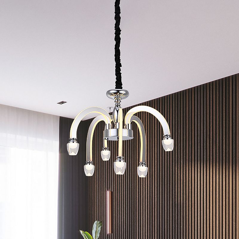 Stainless Steel Drooping Chandelier Modern Dining Room 21"/27.5" Wide LED Hanging Light Kit in Chrome with Crystal Finial