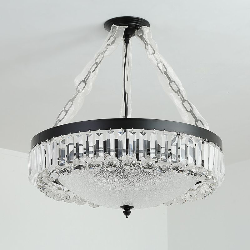 4-Head Crystal Hanging Light Traditional Black Bowl Dining Room Chandelier with Frosted Glass Shade