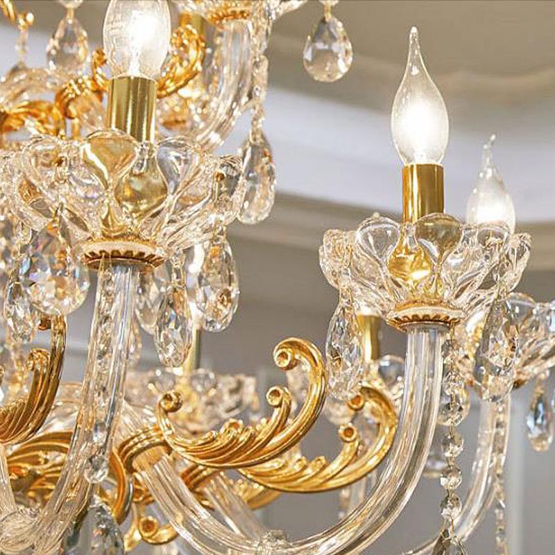 Gold Candelabra Chandelier Light Modernism 8 Heads Metal Pendant Lighting with Dangling Crystal