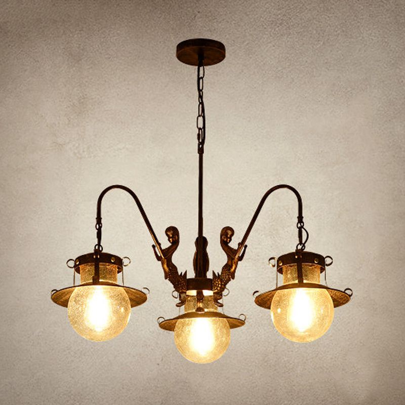 7/8 Bulbs Clear Glass Chandelier Light Country Rust Spherical Restaurant Pendant Lamp with Metal Mermaid Arm