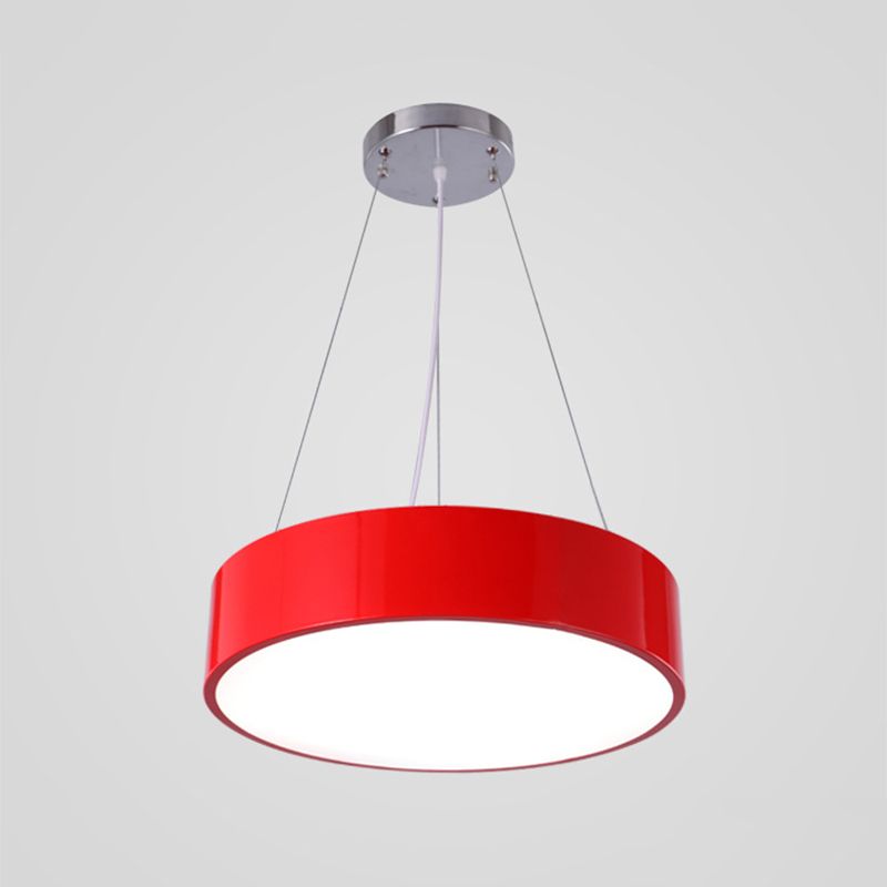 Macaron Drum Shaped Pendant Light Metal Nursery School LED Hanging Light Fixture in Red/Yellow/Green, 16"/19.5" Dia