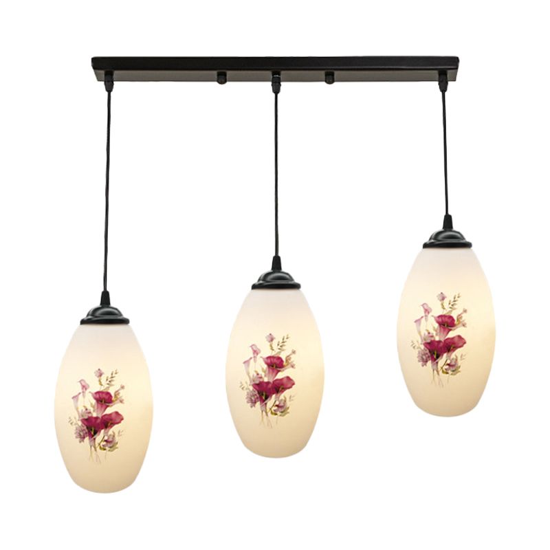 3 Lights Oval Multi-Pendant Modern Black Finish White Printed Glass Ceiling Hang Fixture with Round/Linear Canopy