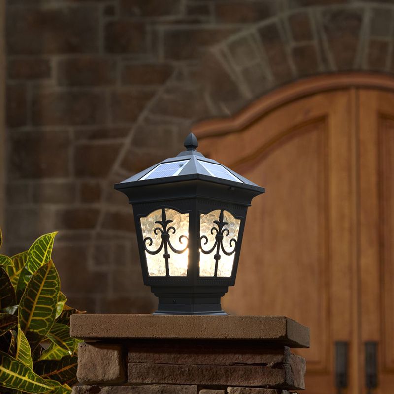 1-Light Pillar Lamp Aluminum Solar Lighting Fixture with Glass Shade for Garden