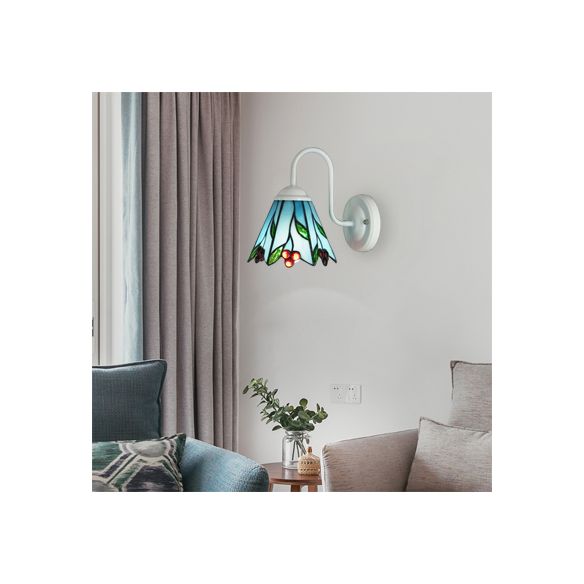 Blue Glass Lily Wall Light Fixture Tiffany 1 Head White Sconce Lighting for Living Room