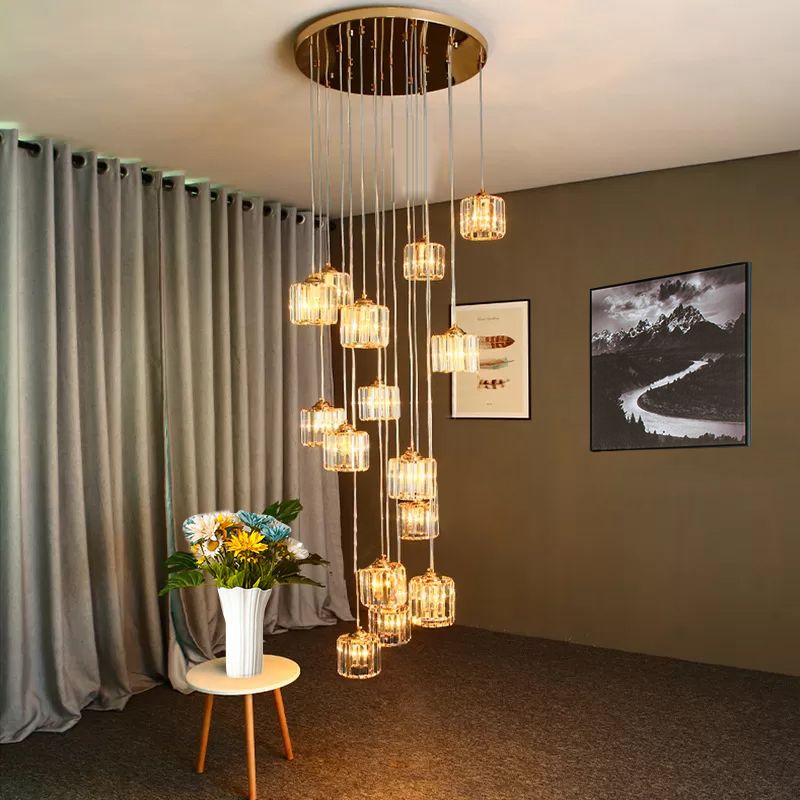 15 Lights Hanging Ceiling Lamp Modernist Living Room Multi Light Pendant with Drum Amber Crystal Shade