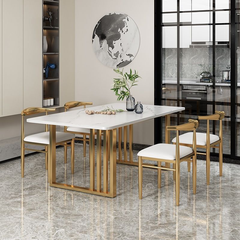 Rectangle Golden Base Dining Table Glam Stone Table for Kitchen